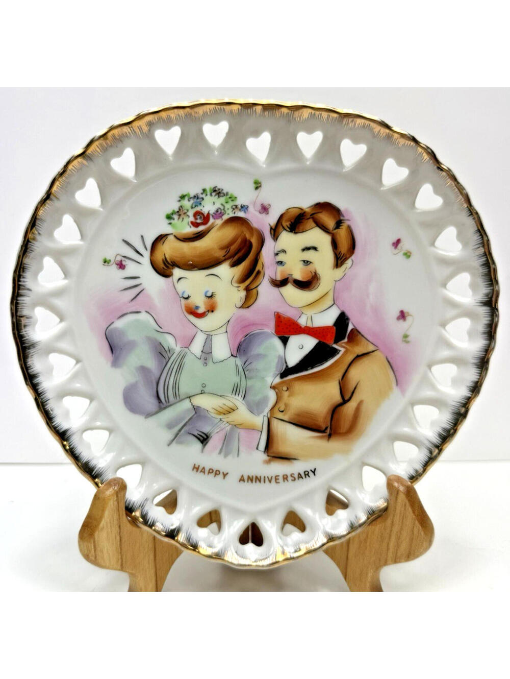 Vtg Happy Anniversary Couple Heart Cut Out Kitsch Plate Valentine Gift Japan